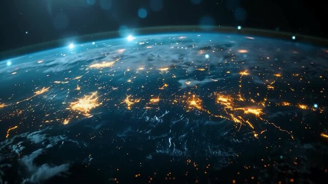 The night-time view of the illuminated Earth from space highlights the scale of human activity and energy consumption, providing an impressive backdrop for scientific and environmental presentations.
