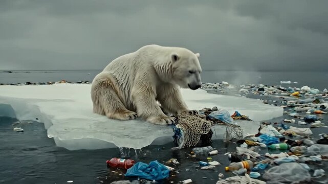 Sad polar bear sitting on melting ice floe surrounded by plastic trash and ocean pollution representing global warming and environmental climate change crisis and ecological disaster