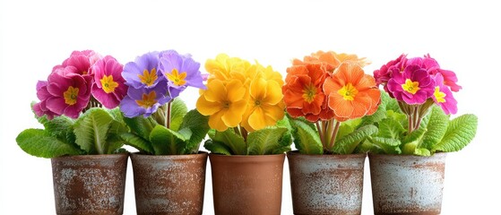 Vibrant primroses in colorful pots on white background for spring decoration