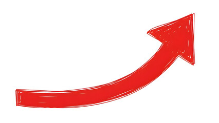 Hand-Drawn Red Curved Arrow, Bright Red Marker-Style Arrow Illustration, Thick Shaky Digital Arrow on Transparent Background, Upward Curving Concave Red Arrow, Horizontal to Top-Right Red Arrow Design