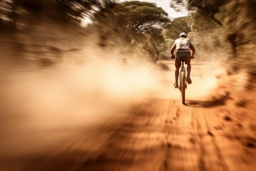Cyclist riding bicycle with speed blur on a dusty off road trail in nature