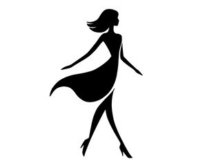 Black silhouette of a female model walking gracefully, vector illustration with simple design
