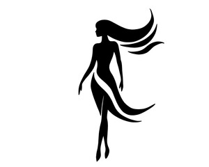Black silhouette of a female model walking gracefully, vector illustration with simple design
