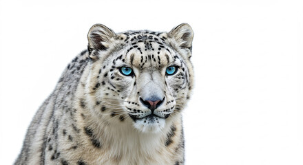 Obraz premium Majestueuse panth�re des neiges scrute intens�ment ses yeux bleus brillent sur un fond blanc pur. AI Generated