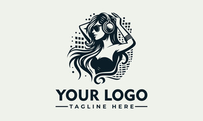 Vector logo design featuring a woman with headphones and long hair, with a placeholder for your logo and tagline on a clean background.