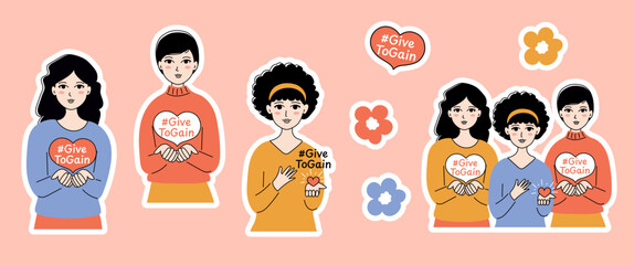 International Women's Day 2026 #GiveToGain. Woman holding her hands outstretched, heart, and flowers. March 8. Sticker set. Vector illustration.