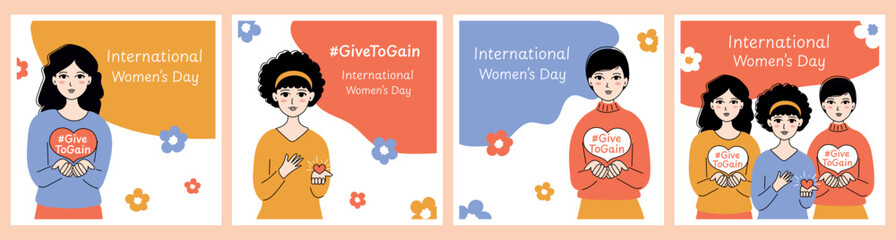 International Women's Day 2026 #GiveToGain. Woman holding her hands outstretched, heart, and flowers. March 8. Set of square banners and media posts for social media. Vector illustration.