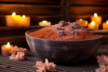 Bowl of bath salts and candles creating a calming ambiance for self care and aromatherapy