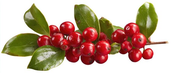 Vibrant cluster of red cranberries with green leaves on branch
