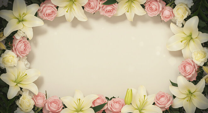 Magnifique bordure florale avec lys et roses baign�e d'une douce lumi�re ambiance �l�gante et apaisante. AI Generated
