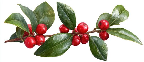 Vibrant holly branch with bright red berries and green leaves on white background