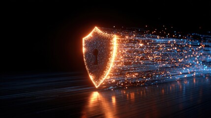 Digital Shield: A futuristic digital shield glows with intricate detail, symbolizing data protection and cybersecurity. A visual representation of safety.
