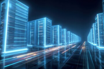 Data Center: The digital world comes alive with rows of servers humming with energy, each pulsating with information and connectivity. The sleek lines and cool blue light create a vision of future