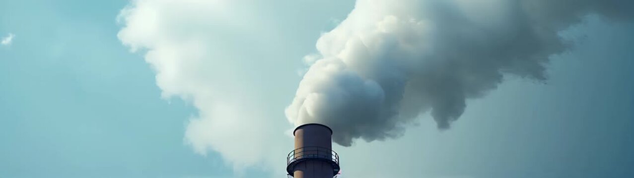 Smoke billowing from a chimney of a factory with a blue sky