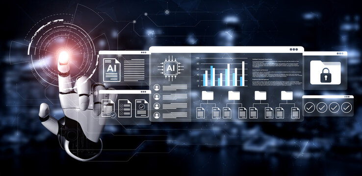 A robotic hand interacts with a digital interface showcasing analytics and cybersecurity elements, representing advanced technology and artificial intelligence in action. Gantry - Powered by Adobe