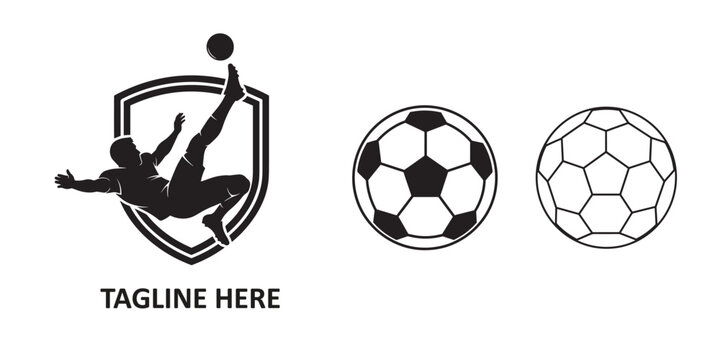 Soccer player silhouette performing bicycle kick inside shield emblem logo with soccer ball icons for sports club branding