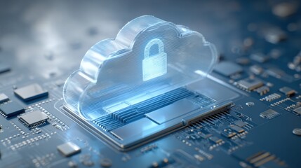 Cloud Security: A translucent cloud with a prominent padlock, rests on a circuit board, showcasing the importance of protecting digital assets and information in the age of cloud technology.