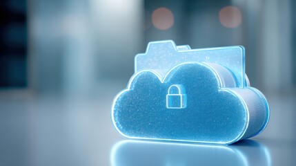 Cloud Computing Security: A sleek, illuminated cloud icon, complete with a secure lock, represents the core concepts of data protection and privacy within the realm of cloud computing. 