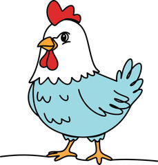 Fototapeta premium Cartoon chicken with red comb and blue body standing on white background bird poultry farm