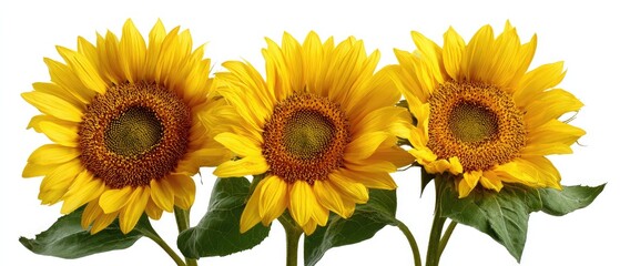 Vibrant sunflowers with green leaves on white background