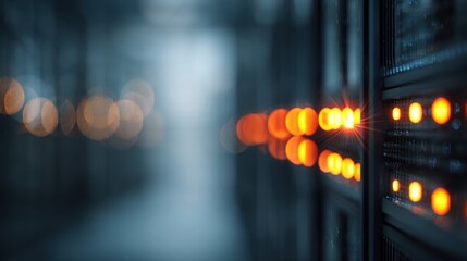 Illuminating Data: A close-up view of a server room, the focus on the glowing lights, reflecting the essence of technology and data processing, an image of connected servers