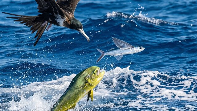 Frigatebird pursuing a flying fish as it jumps from the ocean, while a mahi-mahi also leaps from the water, creating a dynamic scene of predation and escape in the marine food chain