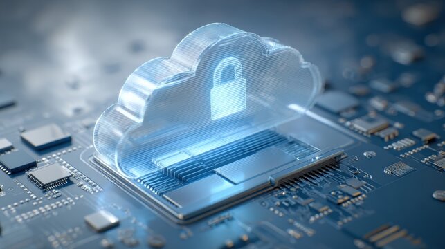Cloud Security: A translucent cloud with a prominent padlock, rests on a circuit board, showcasing the importance of protecting digital assets and information in the age of cloud technology. - Powered by Adobe