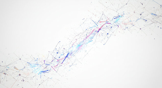 R�seau num�rique abstrait vibrant. Flux de donn�es futuriste complexe se dispersant brillamment sur un fond blanc pur.. AI Generated