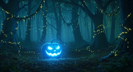 Obraz premium Enchanted Forest Halloween: An ethereal jack-o'-lantern casts an eerie glow amidst a mystical forest scene, with twinkling lights and a shadowy atmosphere creating a bewitching Halloween setting.
