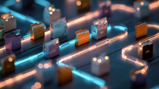 Data Pathways Illuminated: a vivid display showcasing digital files and glowing pathways, highlighting the interconnectedness of information in the digital age. - Powered by Adobe