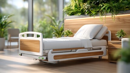 Modern hospital bed with headwall and greenery in bright healing environment