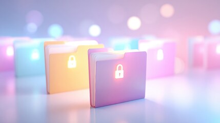Digital Privacy in Focus: Illuminated file folders, each bearing a digital padlock icon, symbolizing data security and the protection of sensitive information in a digital world. 
