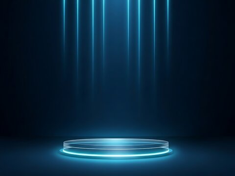 Futuristic neon podium display with glowing blue vertical light beams on dark background for product presentation or stage show