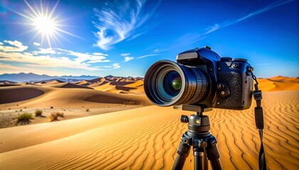 Professional DSLR camera set up on a tripod capturing the breathtaking beauty of desert dunes under a bright sun