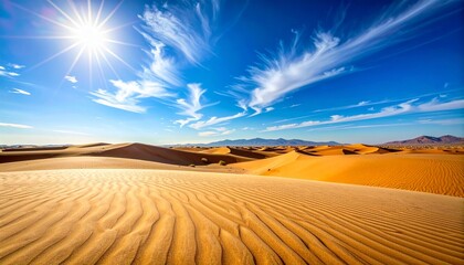Vast sand dunes stretching towards the horizon under a bright sunny sky with scattered clouds