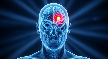 X-Ray Style Human Skull and Brain with Glowing Red Stroke or Tumor Location