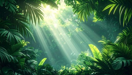 Sunlight filtering through lush green tropical rainforest canopy, illuminating vibrant foliage and creating a serene, natural atmosphere