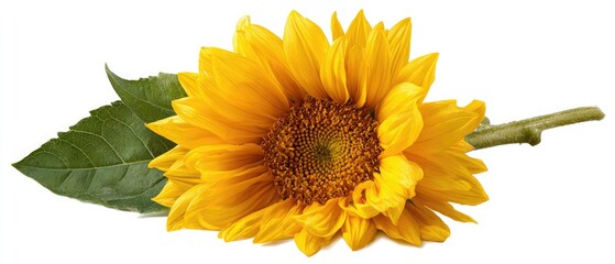 Vibrant sunflower with lush green leaves on white background