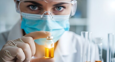 Female Scientist in Mask and Goggles Holding a Medical Vial with Golden Liquid for Research