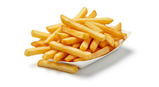 App�tissantes frites dor�es fra�chement pr�par�es croustillantes en barquette blanche �clatante sous lumi�re studio pure. AI Generated