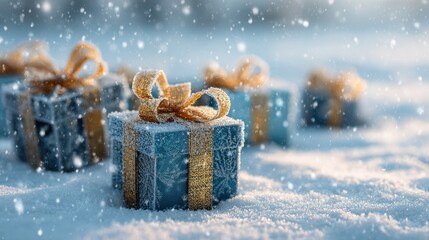 Winter Gifts: A collection of elegantly wrapped presents, adorned with golden bows, are nestled in a snowy wonderland. The scene evokes warmth and generosity amidst the crisp winter air.