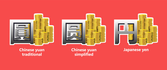 Vector set of asian currency symbols. Financial and economic icons, stickers. 3D stacks of gold coins and money. Chinese yuan, traditional and simplified characters. Classic japanese yen hieroglyph