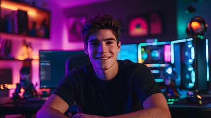 Happy gamer smiling in colorful room with computer and led lights