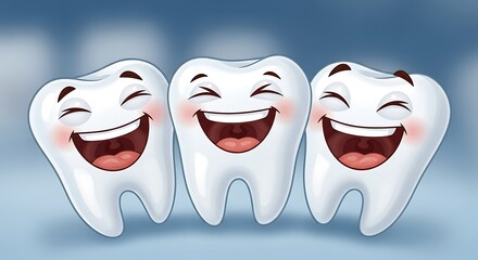 Three happy cartoon tooth characters laughing with bright white smiles on a soft blue background