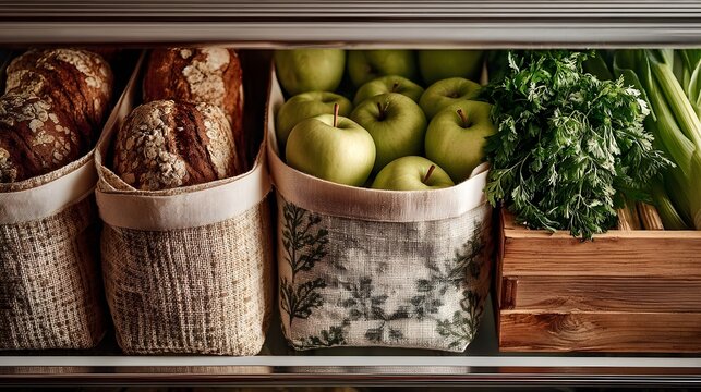 Assorted fresh produce including green apples and vibrant parsley along with loaves of organic bread, neatly arranged in a pantry for healthy eating and sustainable living - Powered by Adobe