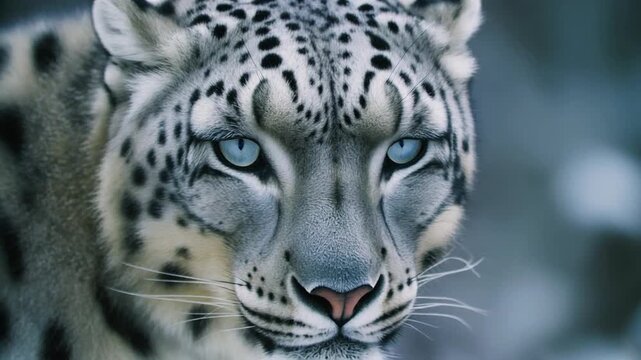 Ultra-realistic cinematic close-up of a snow leopard face with detailed fur texture and cold mountain lighting, 4k.