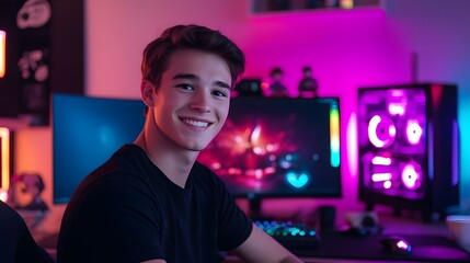 Cheerful young gamer enjoying computer setup with colorful lighting