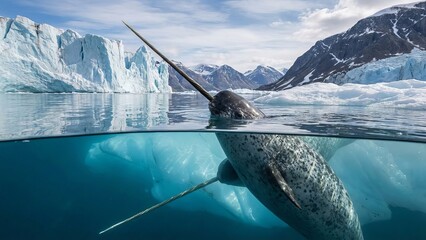 Narwhal split-level portrait in clear arctic water, tusk breaking the surface with blue glacier and snowy mountains in the background, serene polar marine habitat and wilderness exploration