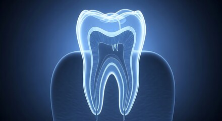 Blue glowing transparent X-ray view of a human tooth showing internal structure and roots