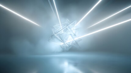 Abstract geometric lattice forms a complex 3d shape, emitting bright laser beams through mist and reflecting on a polished surface, evoking futuristic networks, data flow, and ai-driven tech
